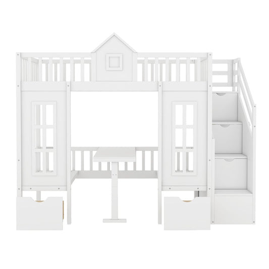 White Twin Over Twin Solid Wood Bunk Bed With Stairs And Desk And Drawers And Storage