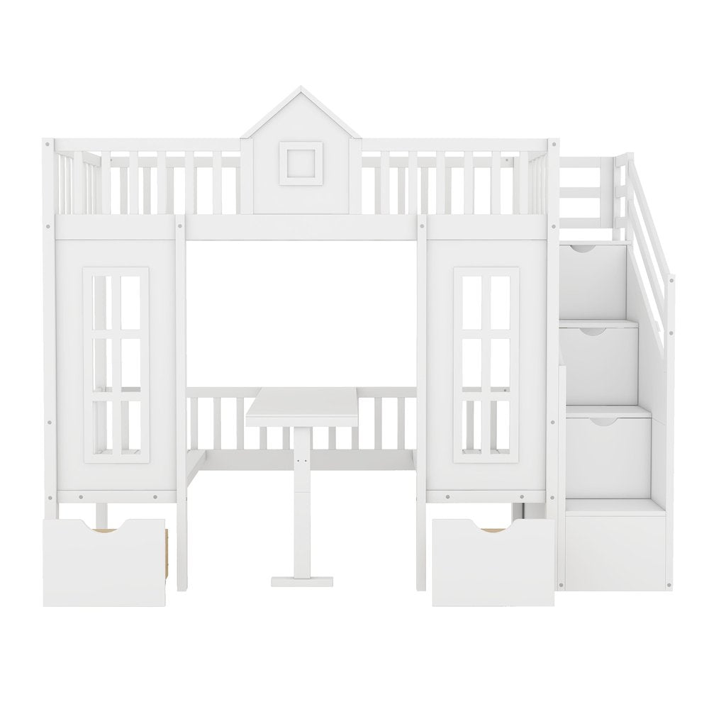 White Twin Over Twin Solid Wood Bunk Bed With Stairs And Desk And Drawers And Storage
