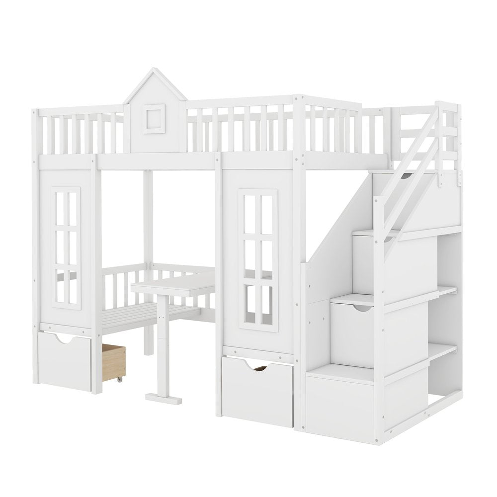 White Twin Over Twin Solid Wood Bunk Bed With Stairs And Desk And Drawers And Storage