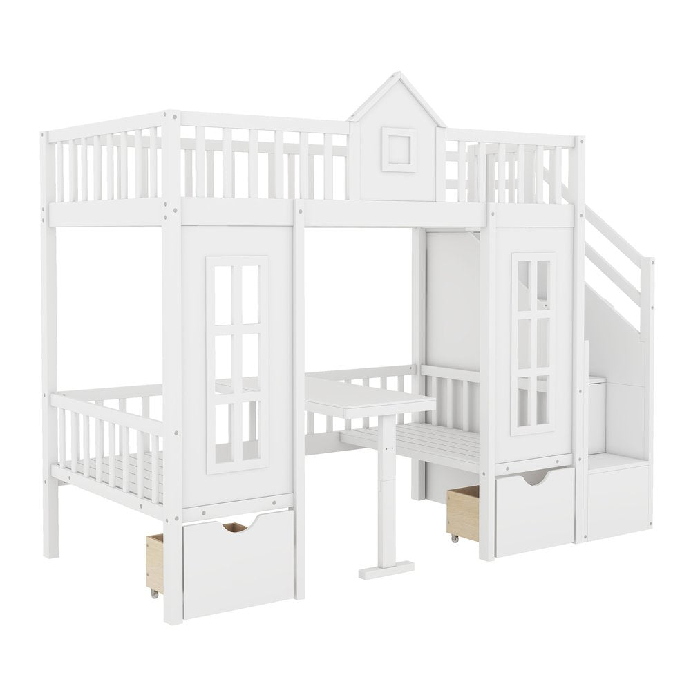 White Twin Over Twin Solid Wood Bunk Bed With Stairs And Desk And Drawers And Storage