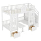 White Twin Over Twin Solid Wood Bunk Bed With Stairs And Desk And Drawers And Storage