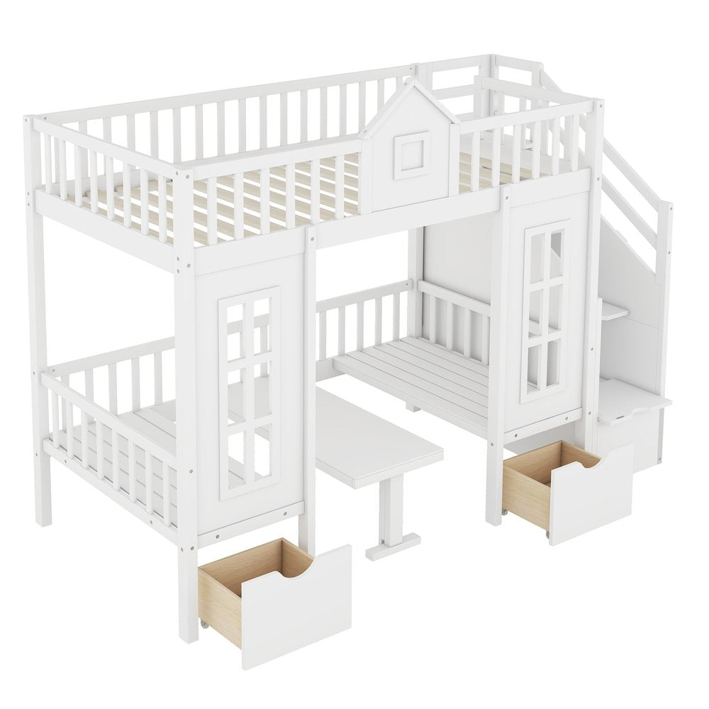 White Twin Over Twin Solid Wood Bunk Bed With Stairs And Desk And Drawers And Storage