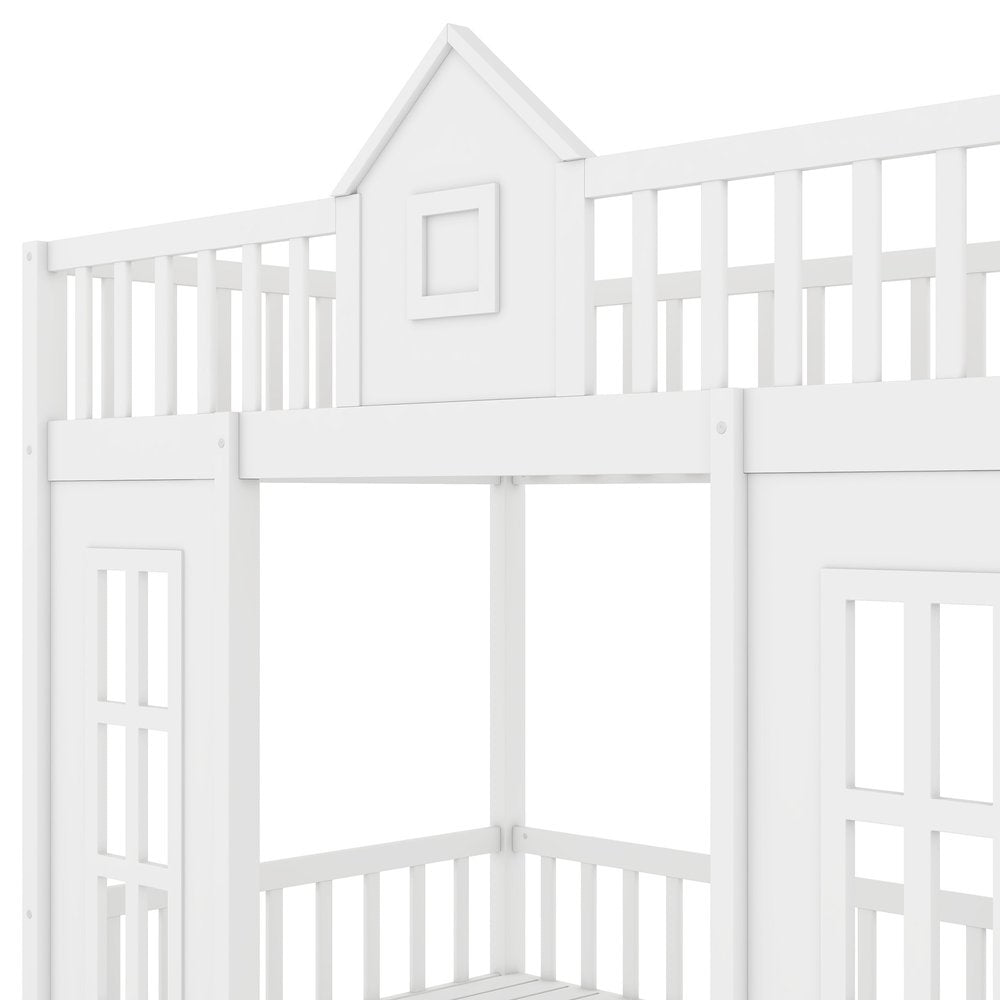 White Twin Over Twin Solid Wood Bunk Bed With Stairs And Desk And Drawers And Storage