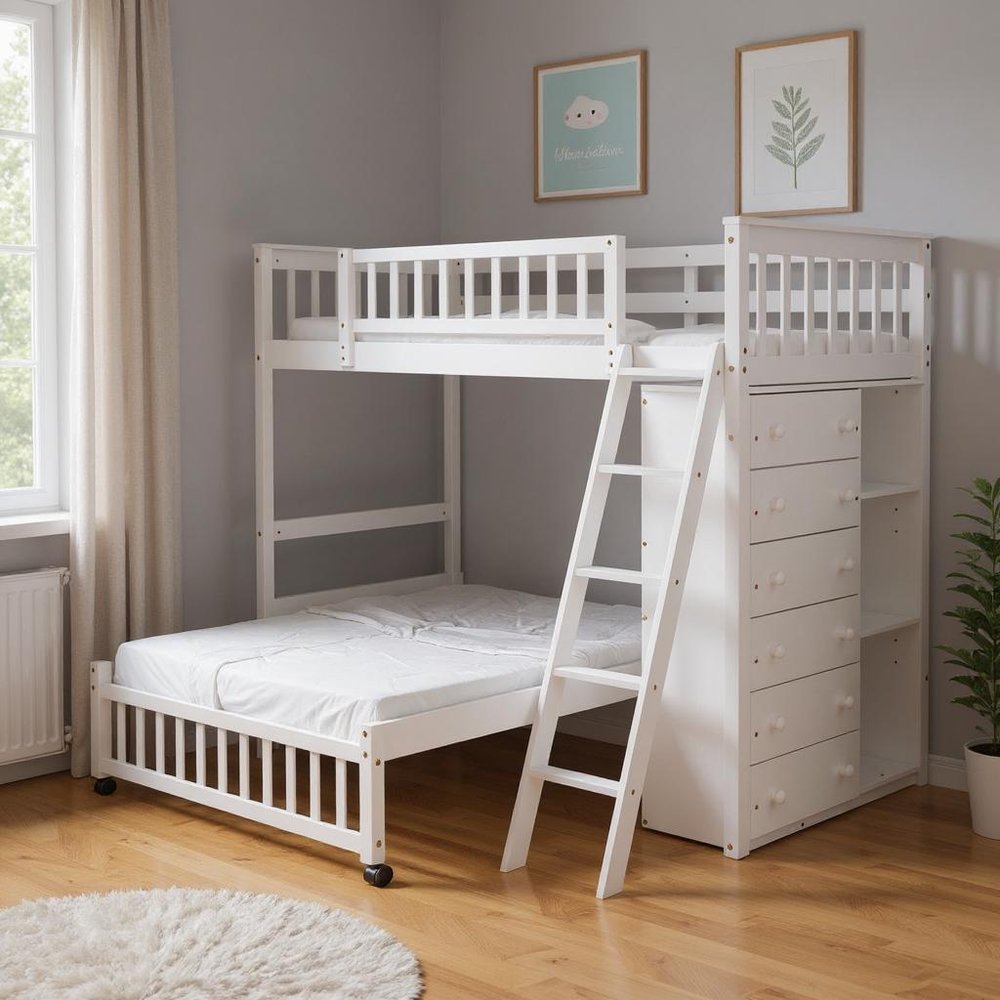 White Twin Over Full Solid Wood Bunk Bed With Drawers And Storage