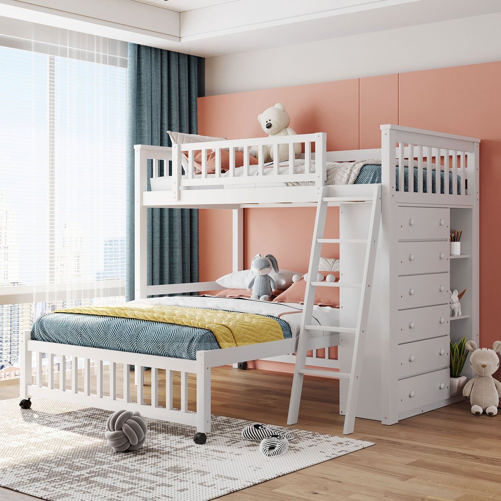 White Twin Over Full Solid Wood Bunk Bed With Drawers And Storage