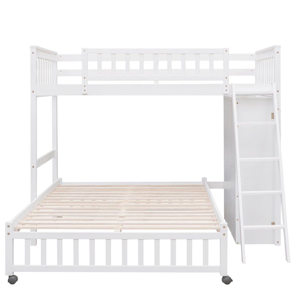 White Twin Over Full Solid Wood Bunk Bed With Drawers And Storage