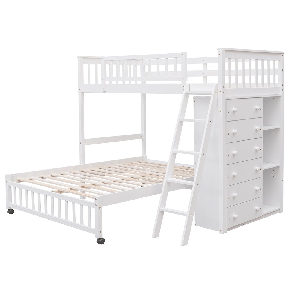 White Twin Over Full Solid Wood Bunk Bed With Drawers And Storage