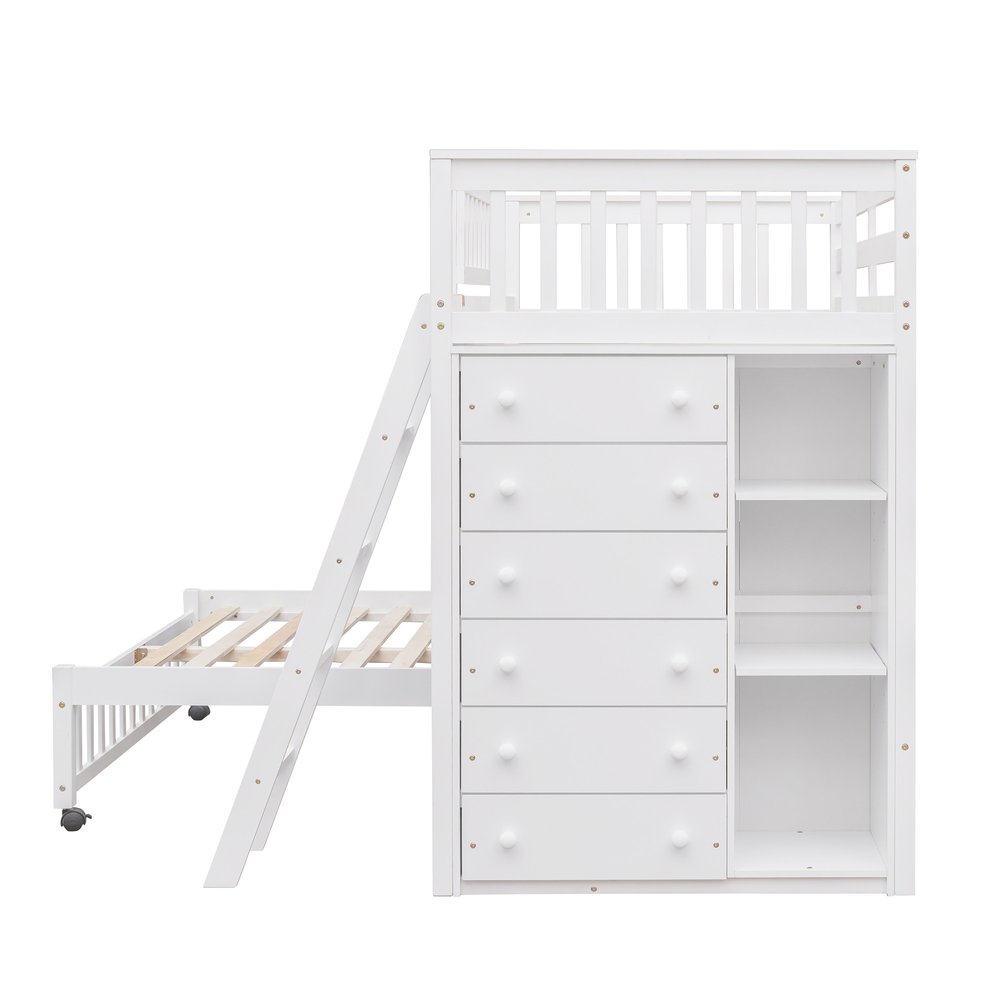 White Twin Over Full Solid Wood Bunk Bed With Drawers And Storage
