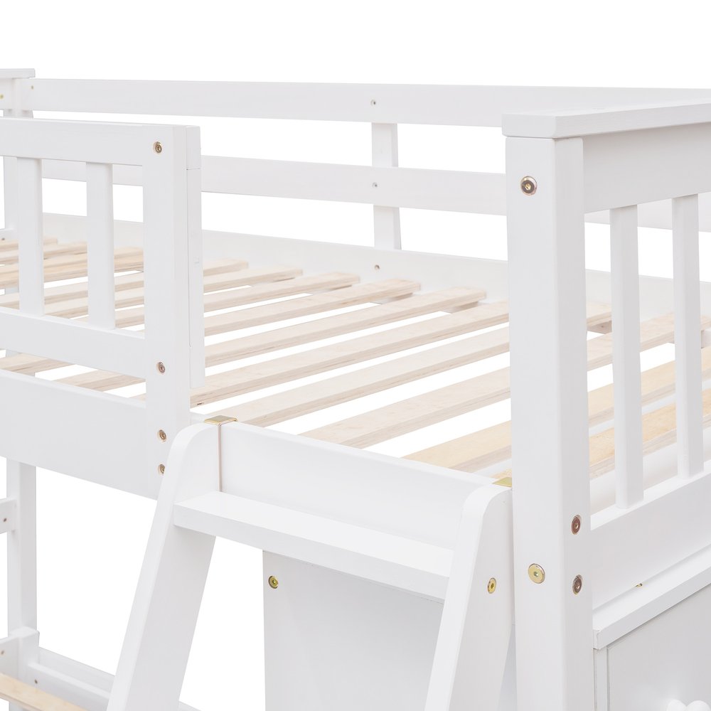 White Twin Over Full Solid Wood Bunk Bed With Drawers And Storage