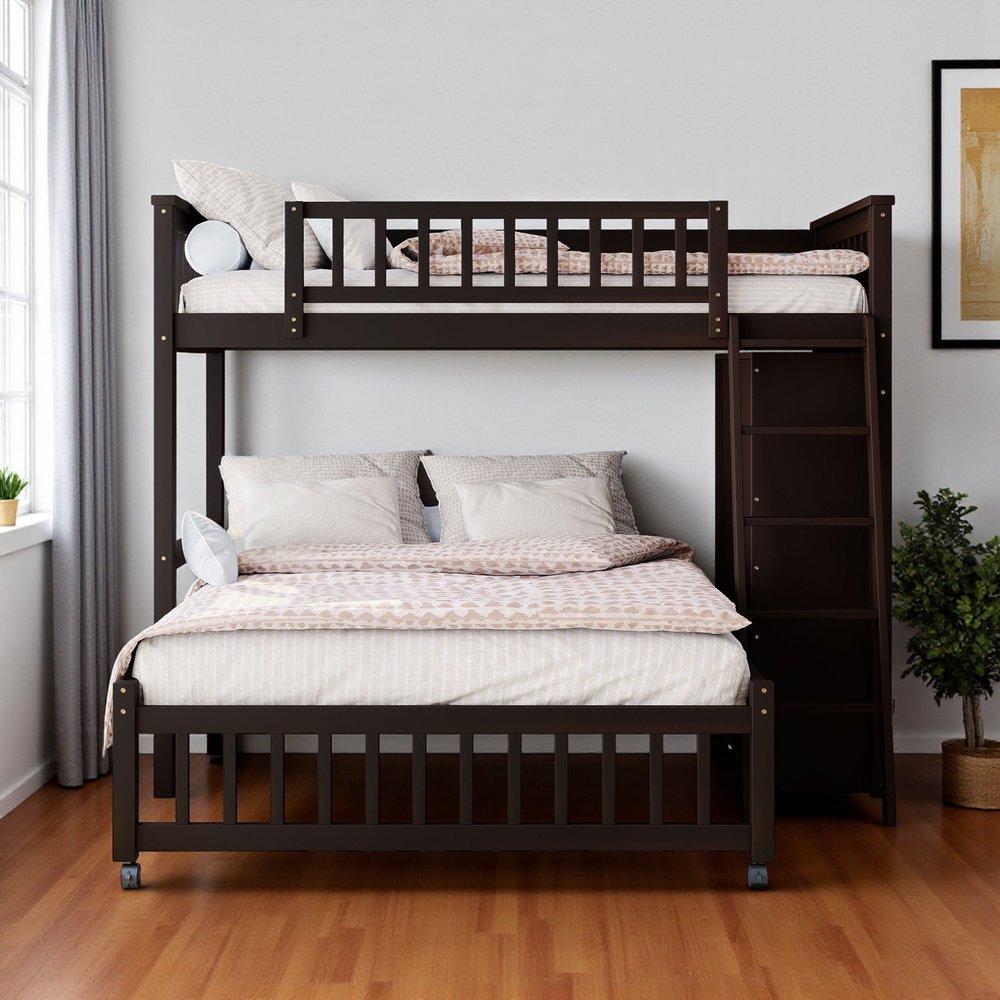 Espresso Twin Over Full Solid Wood Bunk Bed With Storage