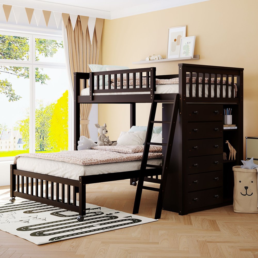 Espresso Twin Over Full Solid Wood Bunk Bed With Storage