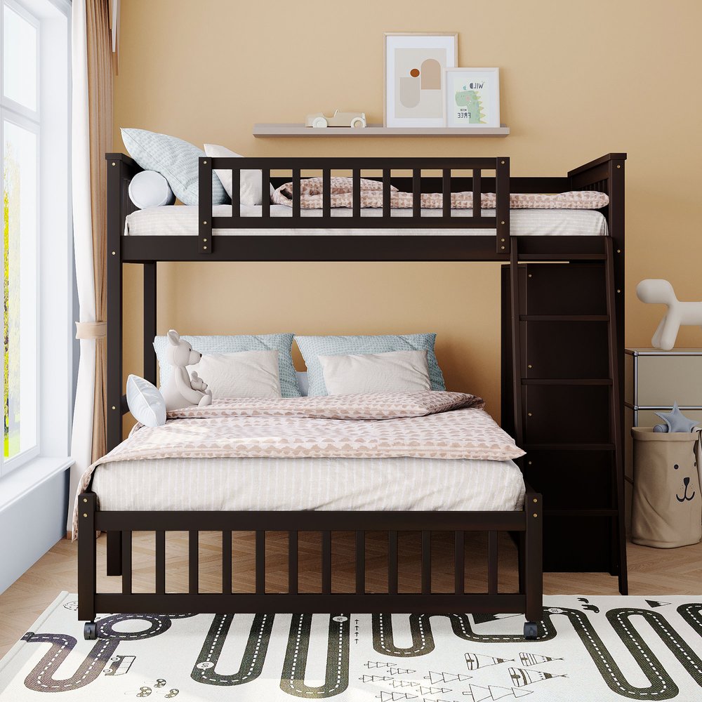 Espresso Twin Over Full Solid Wood Bunk Bed With Storage