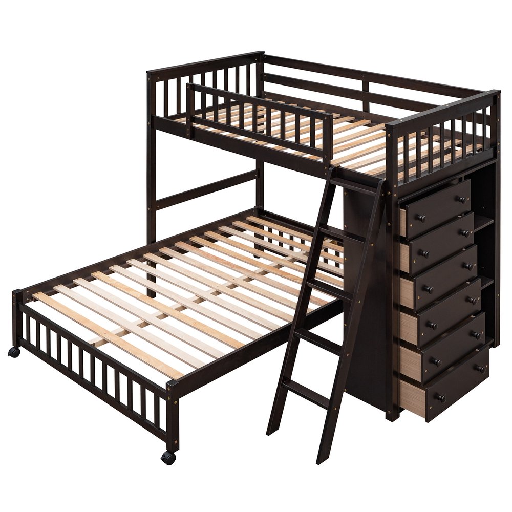Espresso Twin Over Full Solid Wood Bunk Bed With Storage
