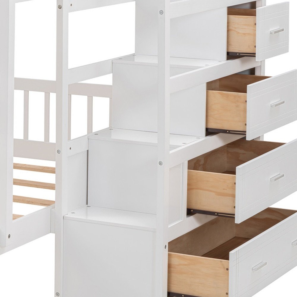 White Full Over Twin Solid Wood Bunk Bed With Stairs And Desk And Drawers And Storage