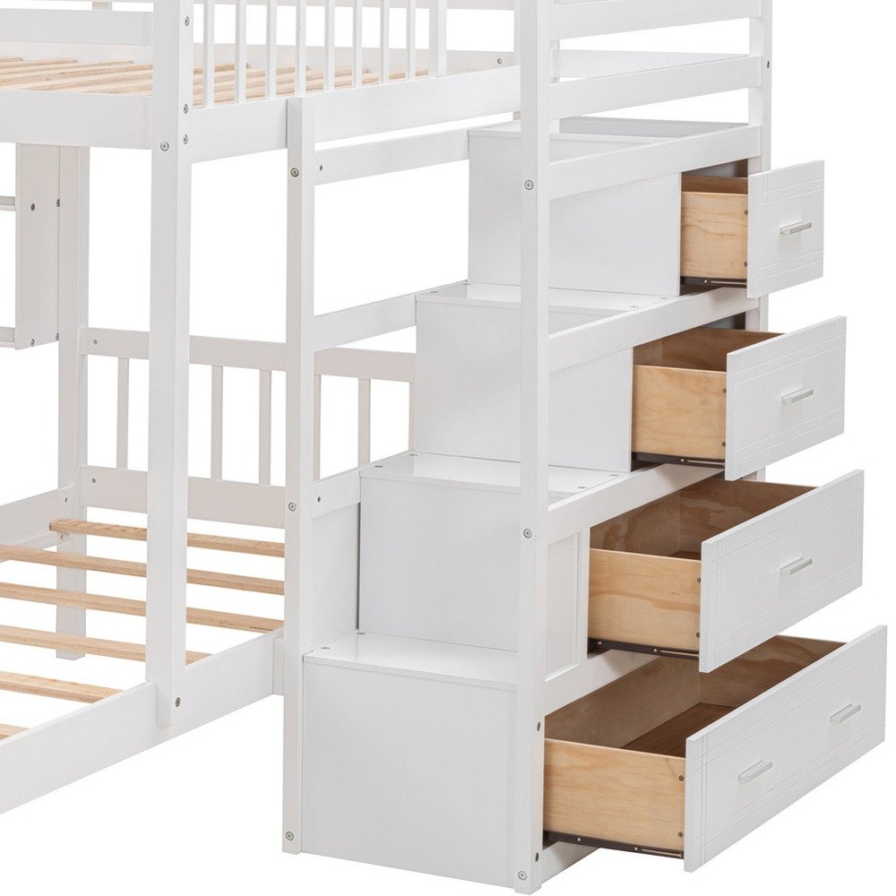 White Full Over Twin Solid Wood Bunk Bed With Stairs And Desk And Drawers And Storage