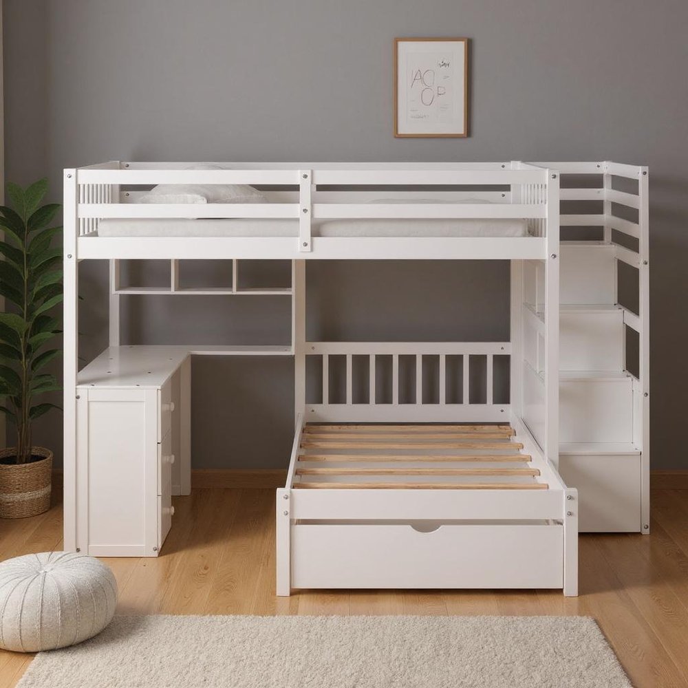 White Full Over Twin Solid Wood Bunk Bed With Stairs And Desk And Drawers And Storage