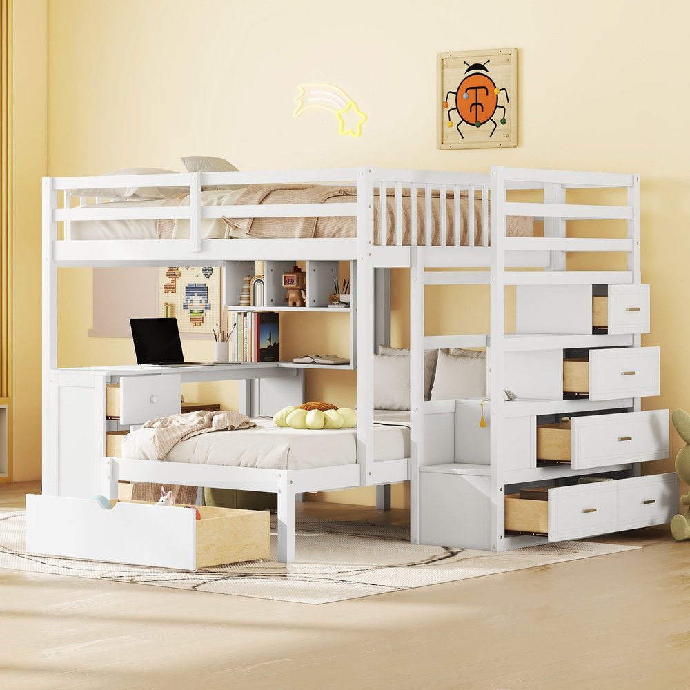 White Full Over Twin Solid Wood Bunk Bed With Stairs And Desk And Drawers And Storage