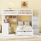 White Full Over Twin Solid Wood Bunk Bed With Stairs And Desk And Drawers And Storage
