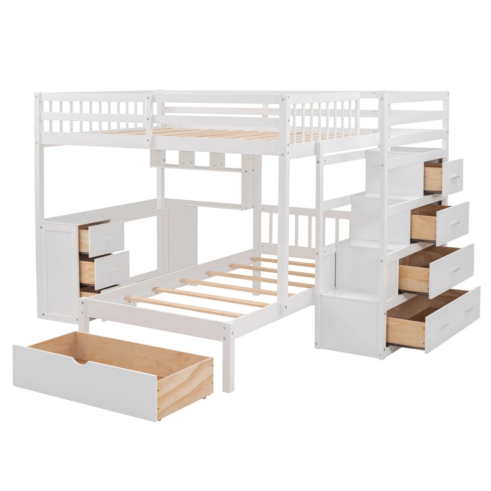 White Full Over Twin Solid Wood Bunk Bed With Stairs And Desk And Drawers And Storage