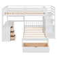 White Full Over Twin Solid Wood Bunk Bed With Stairs And Desk And Drawers And Storage