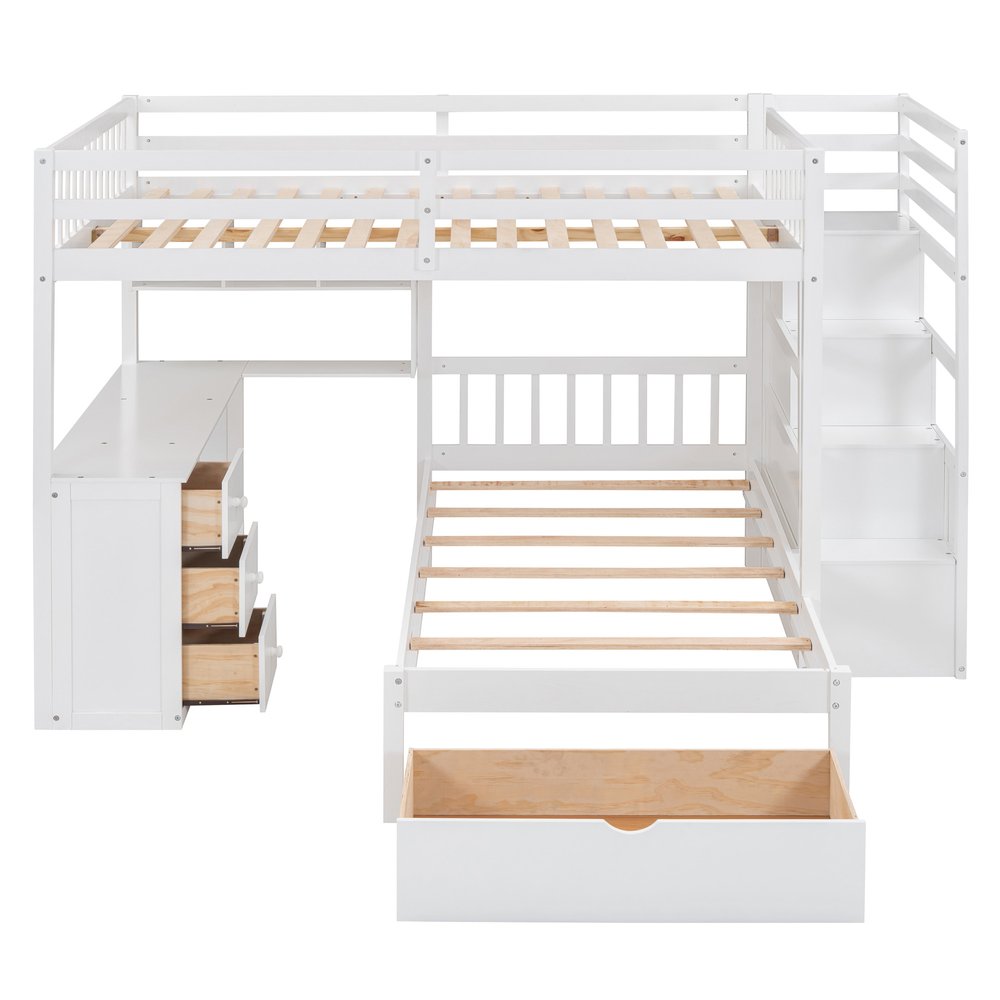 White Full Over Twin Solid Wood Bunk Bed With Stairs And Desk And Drawers And Storage