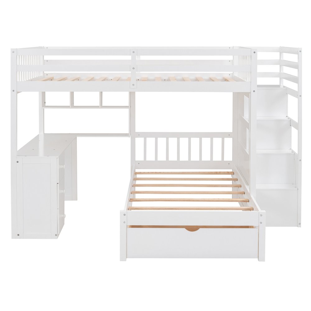 White Full Over Twin Solid Wood Bunk Bed With Stairs And Desk And Drawers And Storage