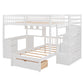 White Full Over Twin Solid Wood Bunk Bed With Stairs And Desk And Drawers And Storage