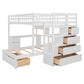 White Full Over Twin Solid Wood Bunk Bed With Stairs And Desk And Drawers And Storage