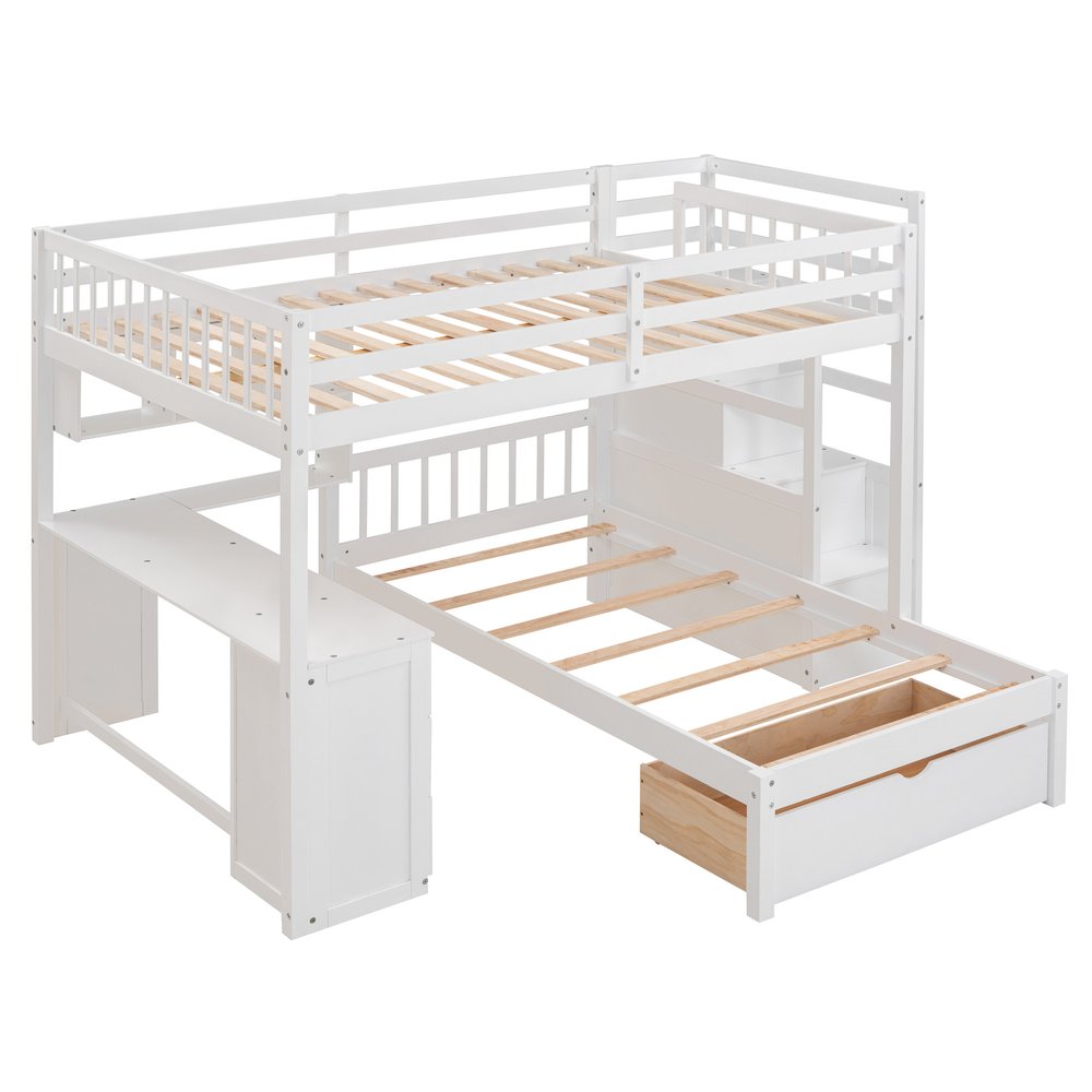 White Full Over Twin Solid Wood Bunk Bed With Stairs And Desk And Drawers And Storage