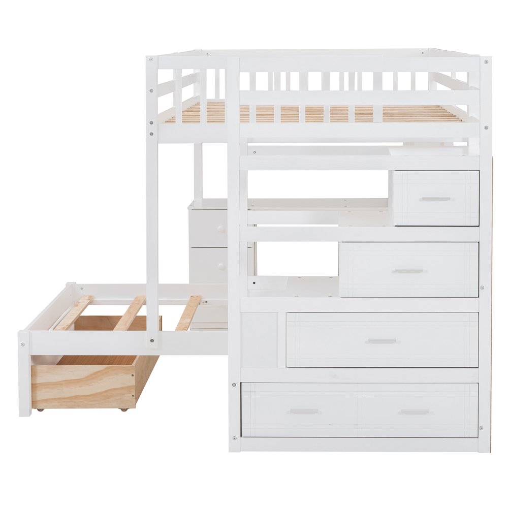 White Full Over Twin Solid Wood Bunk Bed With Stairs And Desk And Drawers And Storage