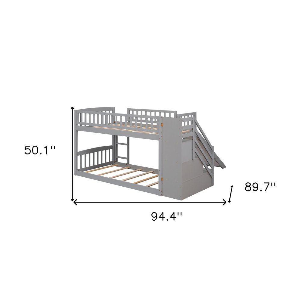 Gray Twin Over Twin Solid Wood Bunk Bed With Stairs And Slide And Drawers And Storage