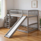 Gray Twin Over Twin Solid Wood Bunk Bed With Stairs And Slide And Drawers And Storage