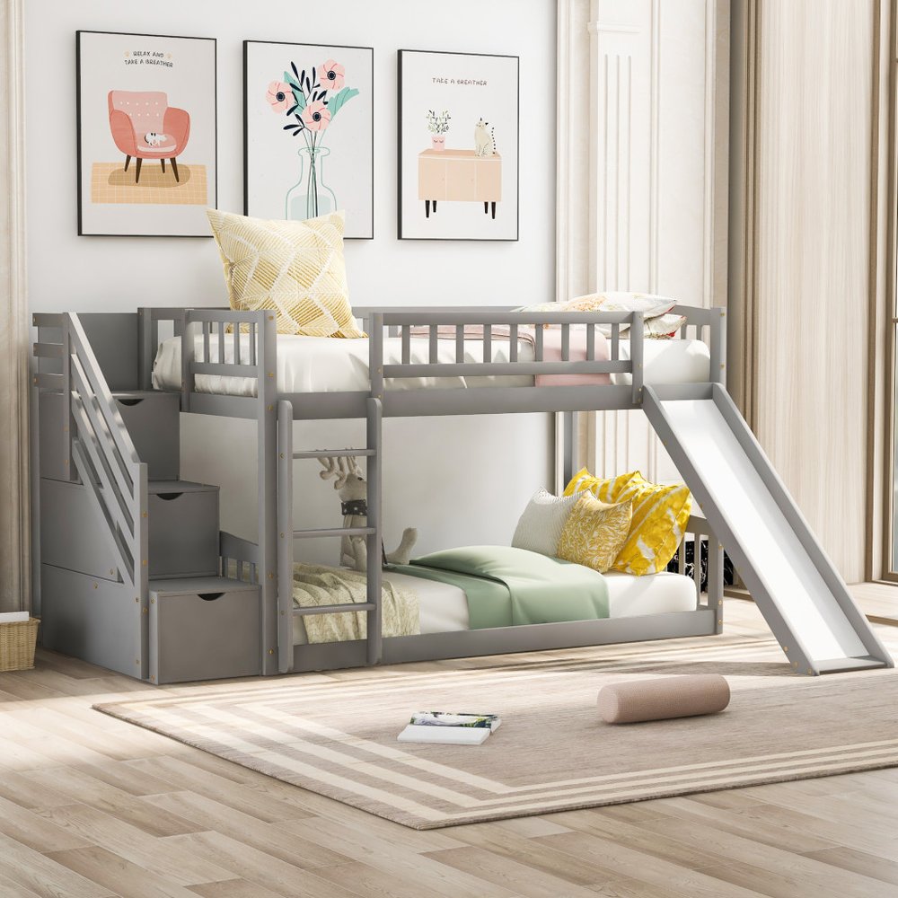 Gray Twin Over Twin Solid Wood Bunk Bed With Stairs And Slide And Drawers And Storage