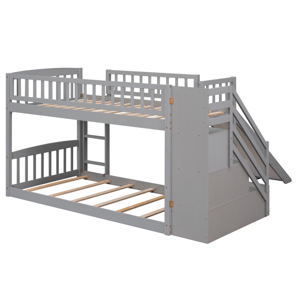 Gray Twin Over Twin Solid Wood Bunk Bed With Stairs And Slide And Drawers And Storage