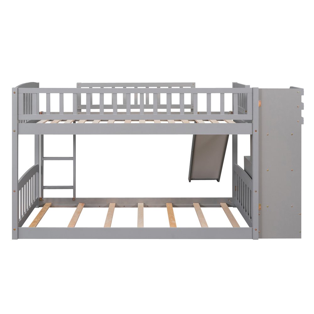 Gray Twin Over Twin Solid Wood Bunk Bed With Stairs And Slide And Drawers And Storage