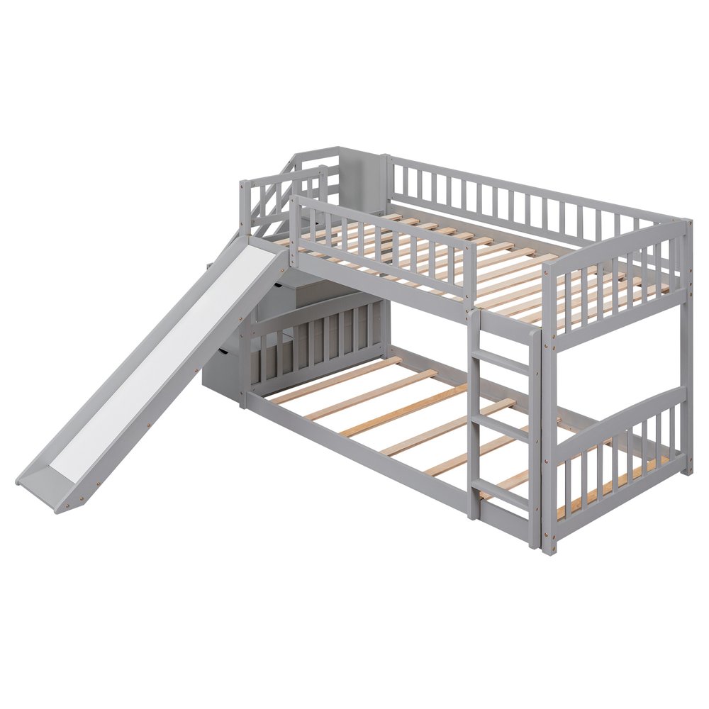 Gray Twin Over Twin Solid Wood Bunk Bed With Stairs And Slide And Drawers And Storage