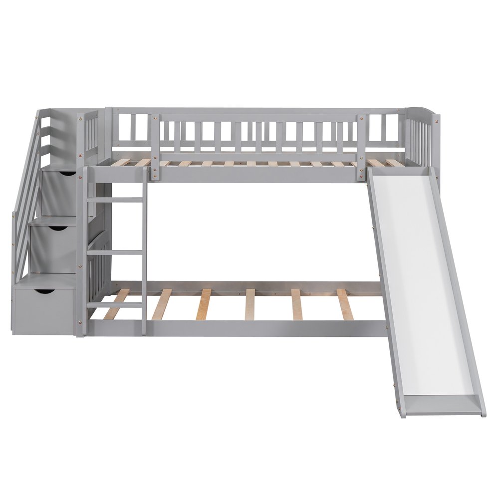 Gray Twin Over Twin Solid Wood Bunk Bed With Stairs And Slide And Drawers And Storage