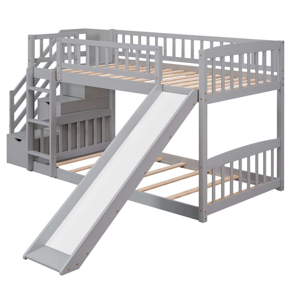 Gray Twin Over Twin Solid Wood Bunk Bed With Stairs And Slide And Drawers And Storage