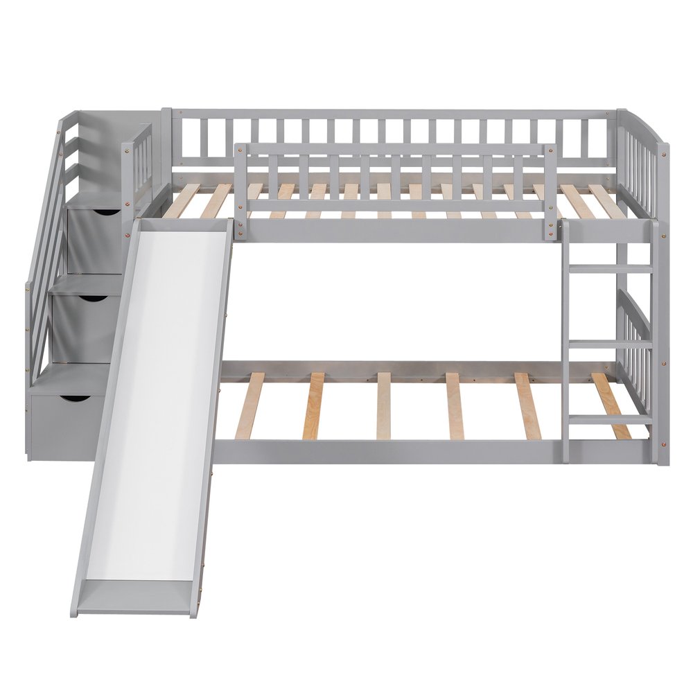 Gray Twin Over Twin Solid Wood Bunk Bed With Stairs And Slide And Drawers And Storage