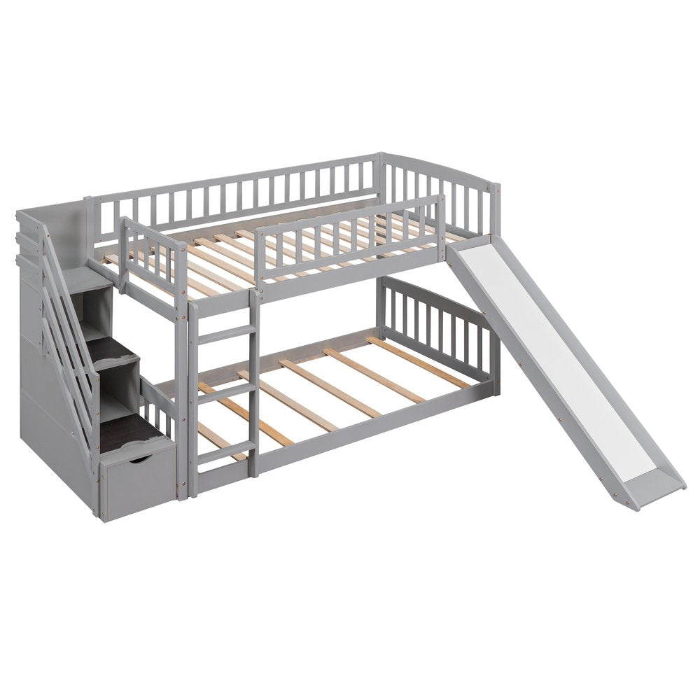 Gray Twin Over Twin Solid Wood Bunk Bed With Stairs And Slide And Drawers And Storage