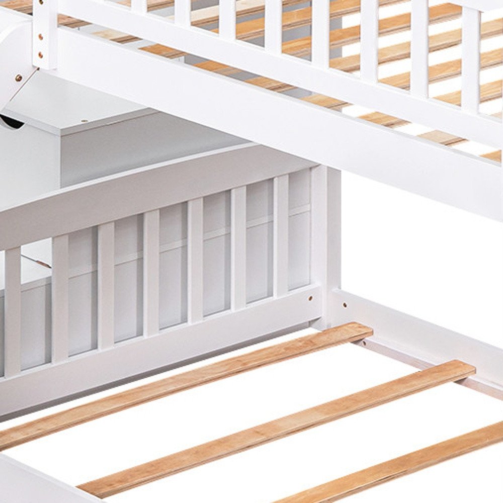 White Twin Over Twin Solid Wood Bunk Bed With Stairs And Slide And Drawers And Storage