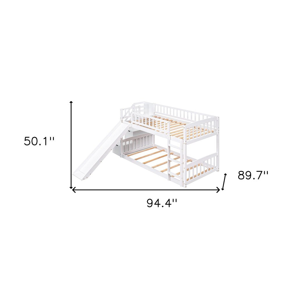 White Twin Over Twin Solid Wood Bunk Bed With Stairs And Slide And Drawers And Storage