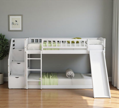White Twin Over Twin Solid Wood Bunk Bed With Stairs And Slide And Drawers And Storage