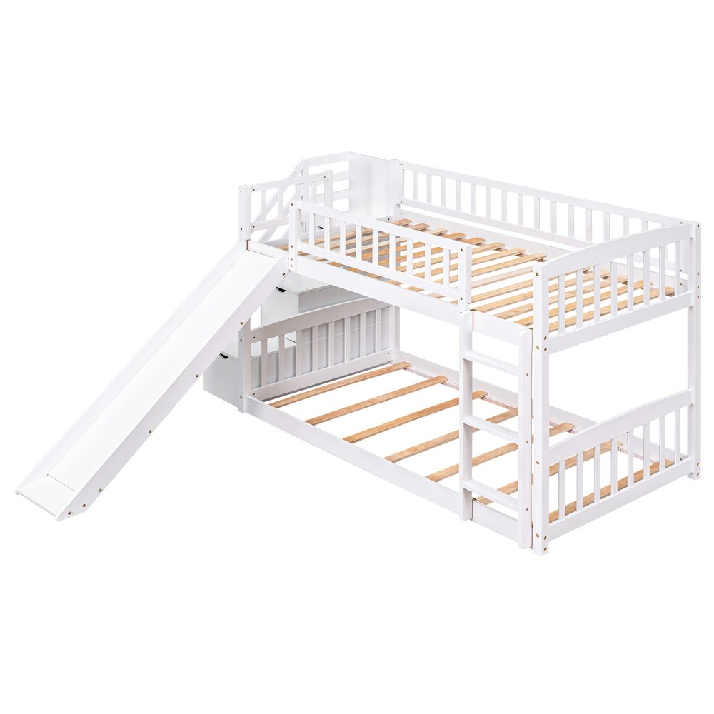White Twin Over Twin Solid Wood Bunk Bed With Stairs And Slide And Drawers And Storage