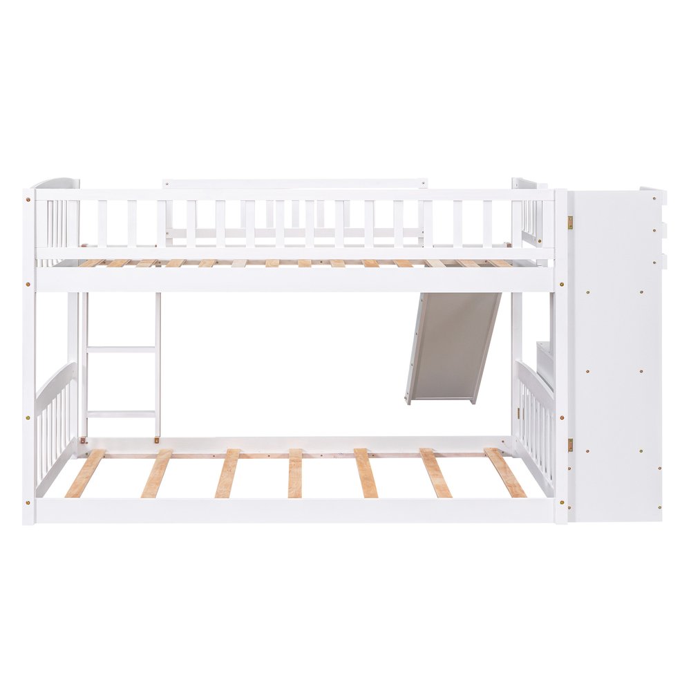 White Twin Over Twin Solid Wood Bunk Bed With Stairs And Slide And Drawers And Storage