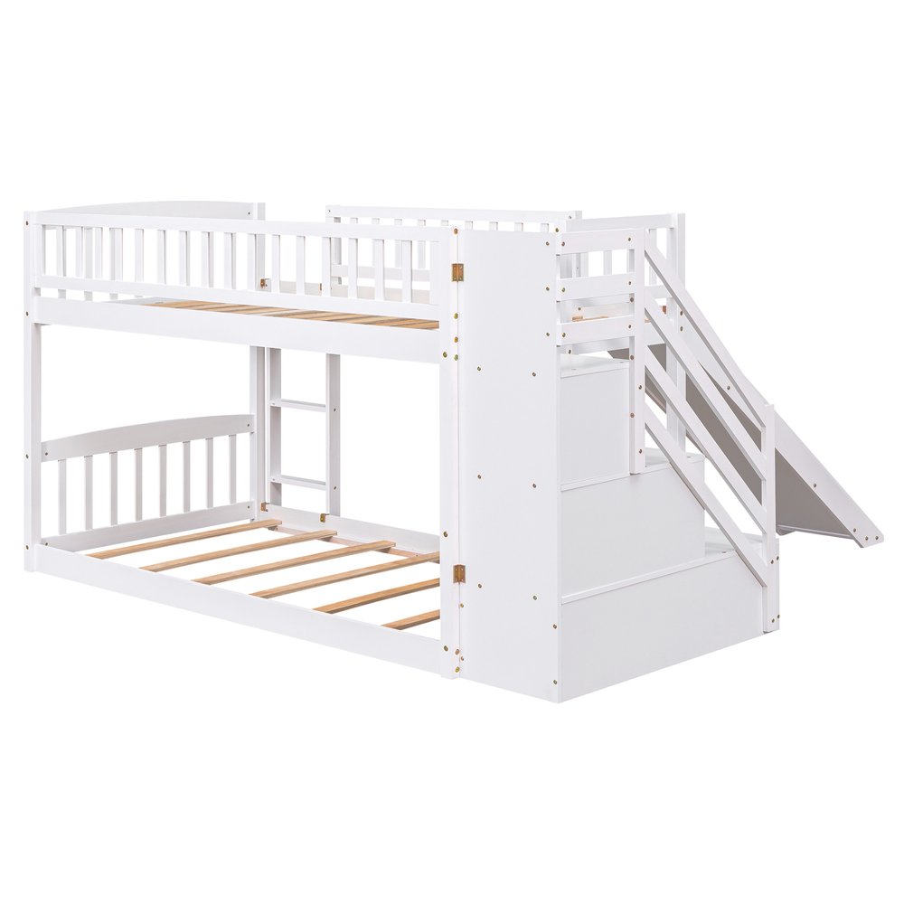 White Twin Over Twin Solid Wood Bunk Bed With Stairs And Slide And Drawers And Storage