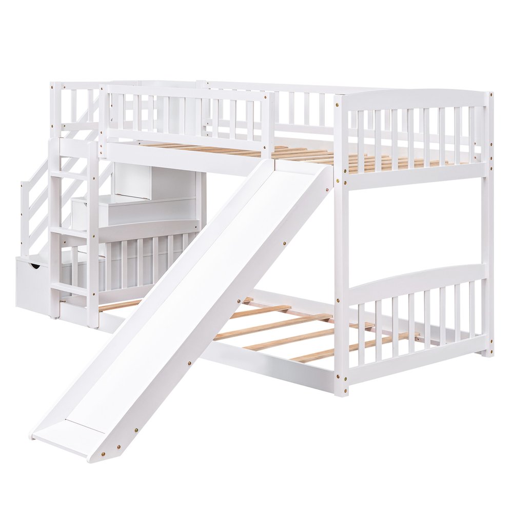 White Twin Over Twin Solid Wood Bunk Bed With Stairs And Slide And Drawers And Storage