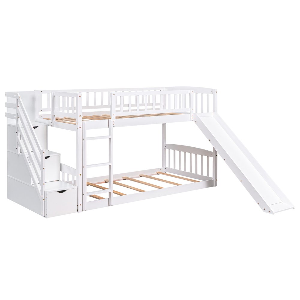 White Twin Over Twin Solid Wood Bunk Bed With Stairs And Slide And Drawers And Storage