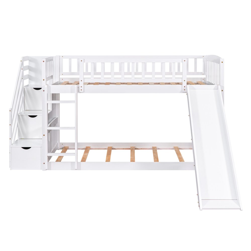 White Twin Over Twin Solid Wood Bunk Bed With Stairs And Slide And Drawers And Storage