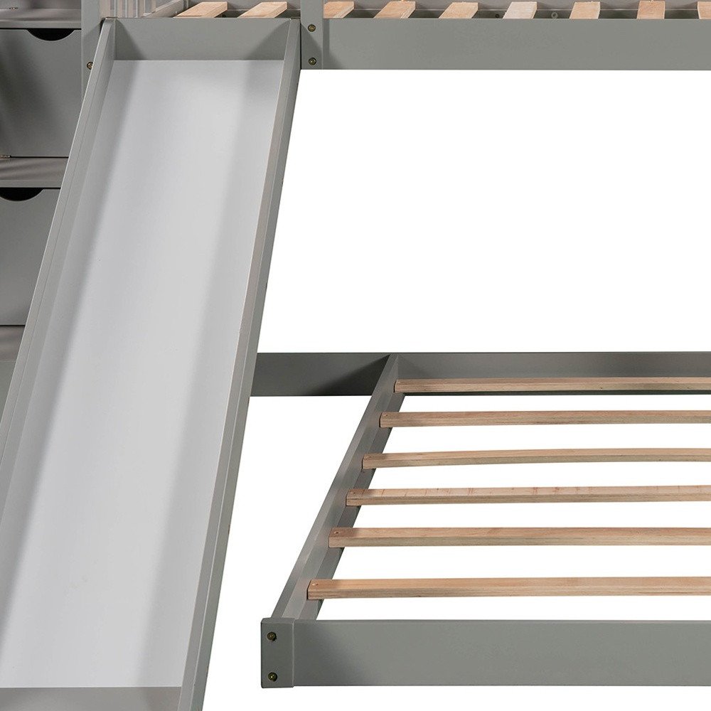Gray Twin Over Twin Solid Wood Bunk Bed With Stairs And Slide And Drawers And Storage